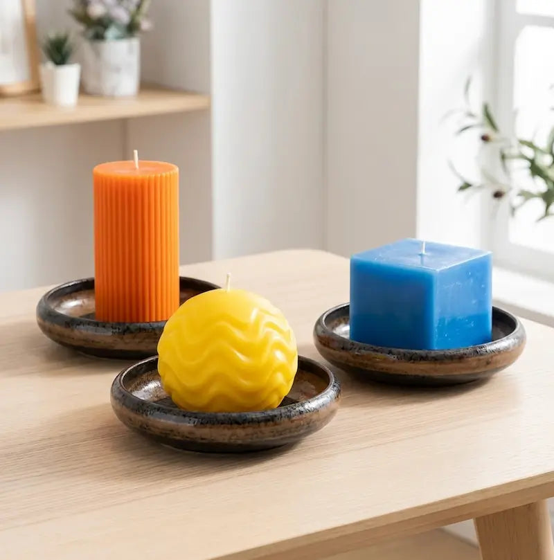 Ceramic Candle Holder displaying colorful candles on decorative plates in a stylish interior setting
