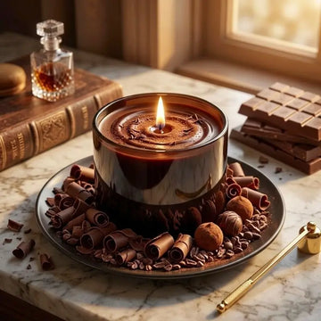 A lit chocolate candle in a dark amber glass jar sits on a plate, surrounded by chocolate curls, cocoa nibs, and chocolate bars, with a small gold candle snuffer nearby and a warm window in the background.