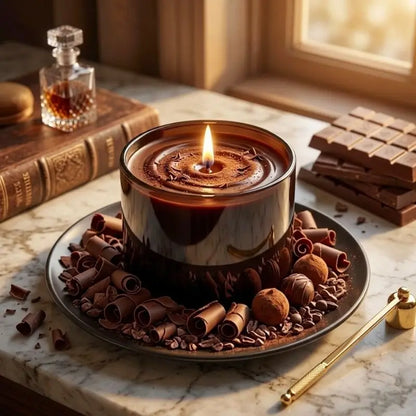 A lit chocolate candle in a dark amber glass jar sits on a plate, surrounded by chocolate curls, cocoa nibs, and chocolate bars, with a small gold candle snuffer nearby and a warm window in the background.