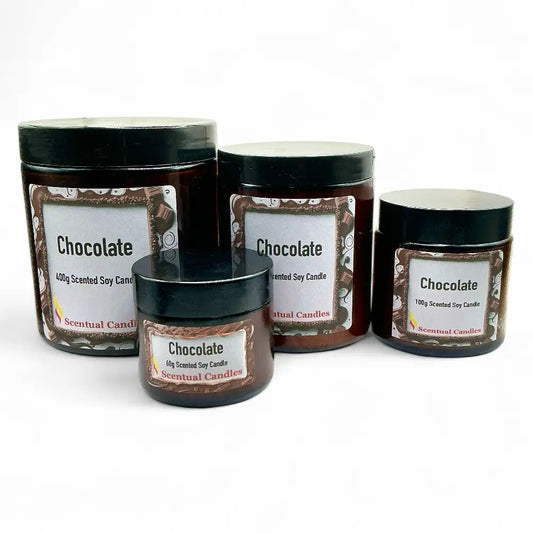 Four chocolate-scented candles with labels on a white background