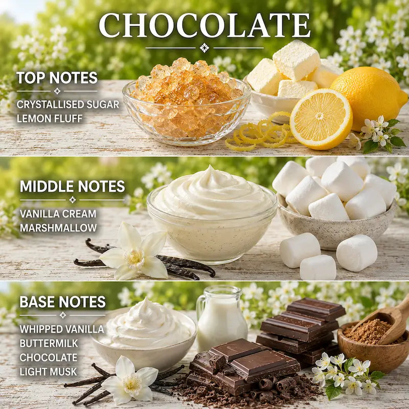 Chocolate candle displaying ingredients on a wooden surface.