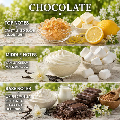 Chocolate candle displaying ingredients on a wooden surface.