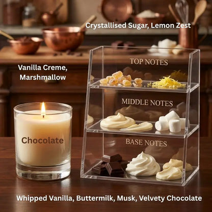 Chocolate Candles with scent notes of Vanilla, Marshmallow, and Velvety Chocolate on display