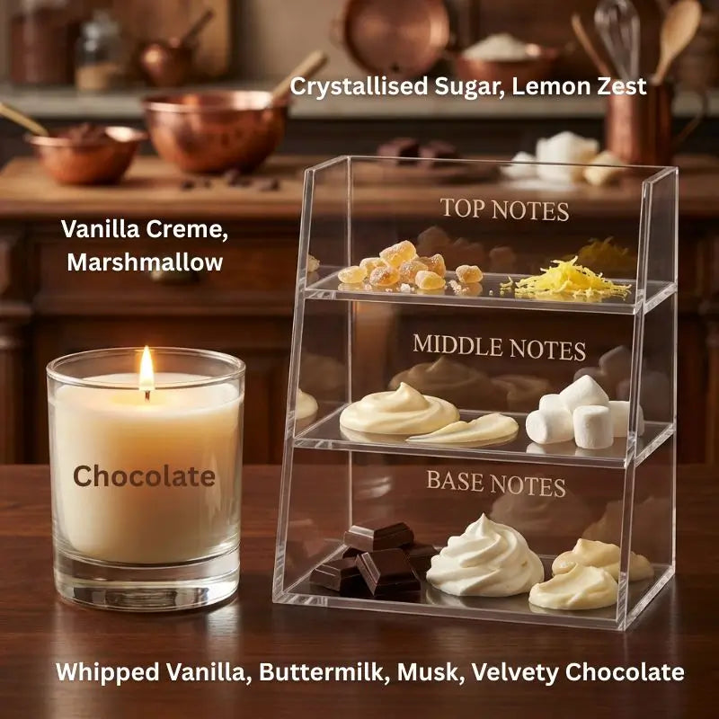 Mini Candles Set featuring a Chocolate candle with scent notes of Vanilla, Buttermilk, and Crystallised Sugar in display.