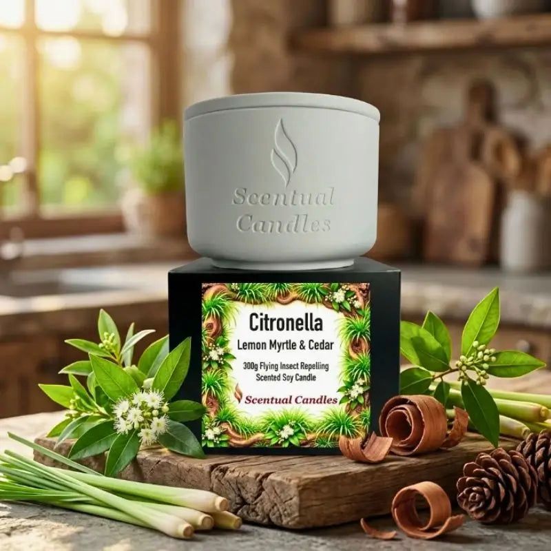 Citronella Candle with Lemon Myrtle and Cedar displayed in a natural setting for insect repelling.