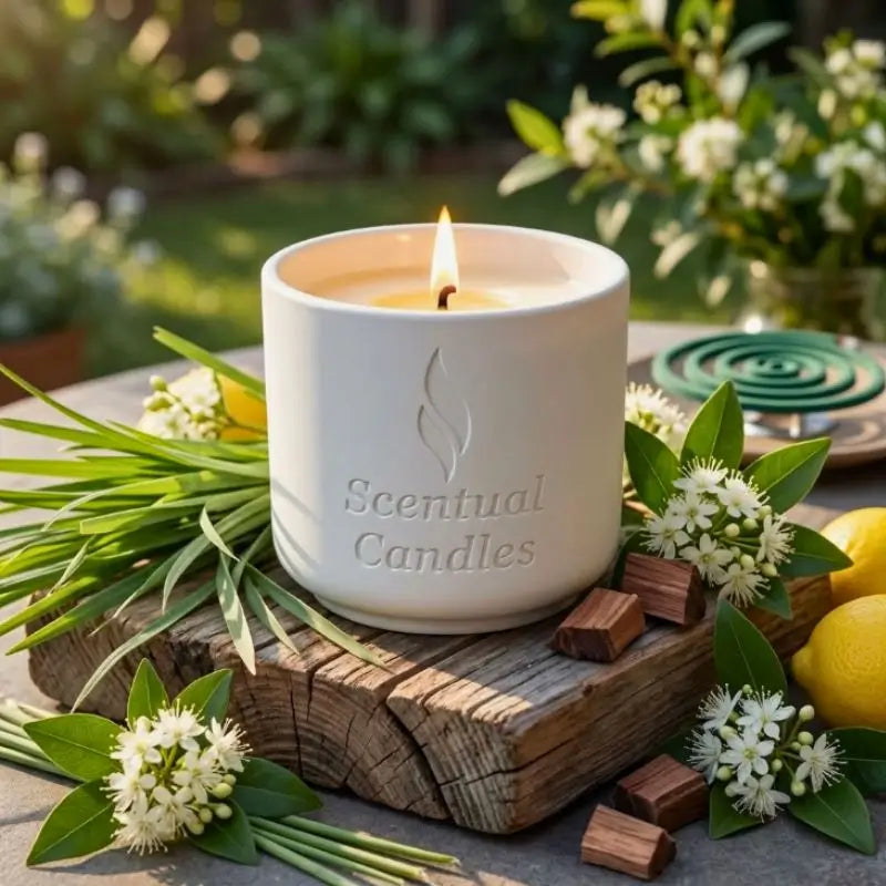 Citronella Candle with Lemon Myrtle and Cedar on a wooden base surrounded by fresh greenery and flowers.