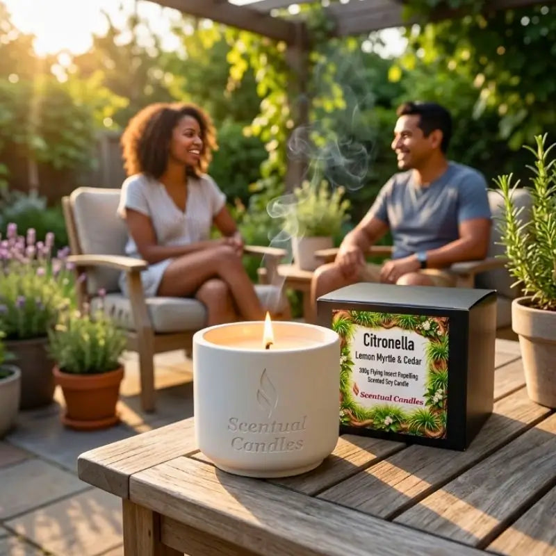 Citronella Candle with Lemon Myrtle and Cedar lit on a table during a sunny outdoor gathering.