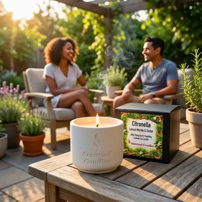 Citronella Candle with Lemon Myrtle and Cedar lit on a table during a sunny outdoor gathering.