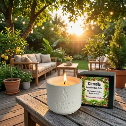 Citronella Candle with Lemon Myrtle and Cedar placed on a wooden table in a garden setting during sunset.