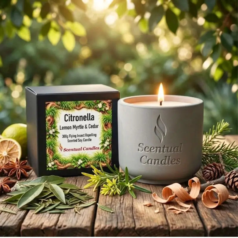 Citronella Candle with Lemon Myrtle and Cedar on a wooden table surrounded by greenery and natural elements.