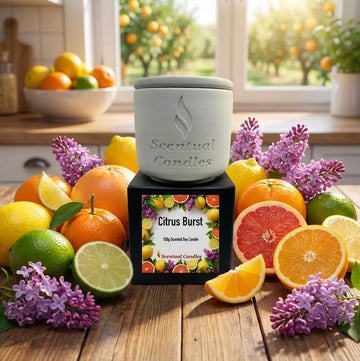 Scentual Candles Citrus candle surrounded by citrus fruits and flowers on a wooden surface.