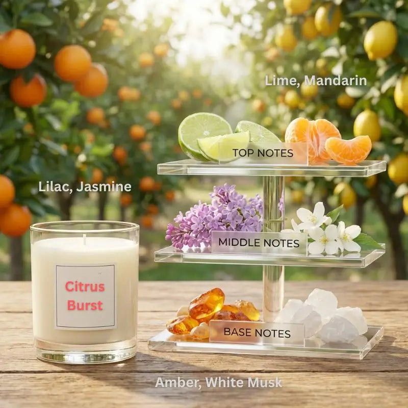 Living Room Scented Candles set with citrus fragrance notes of Lime, Mandarin, Lilac, and Jasmine.