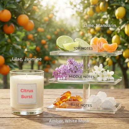 Living Room Scented Candles set with citrus fragrance notes of Lime, Mandarin, Lilac, and Jasmine.