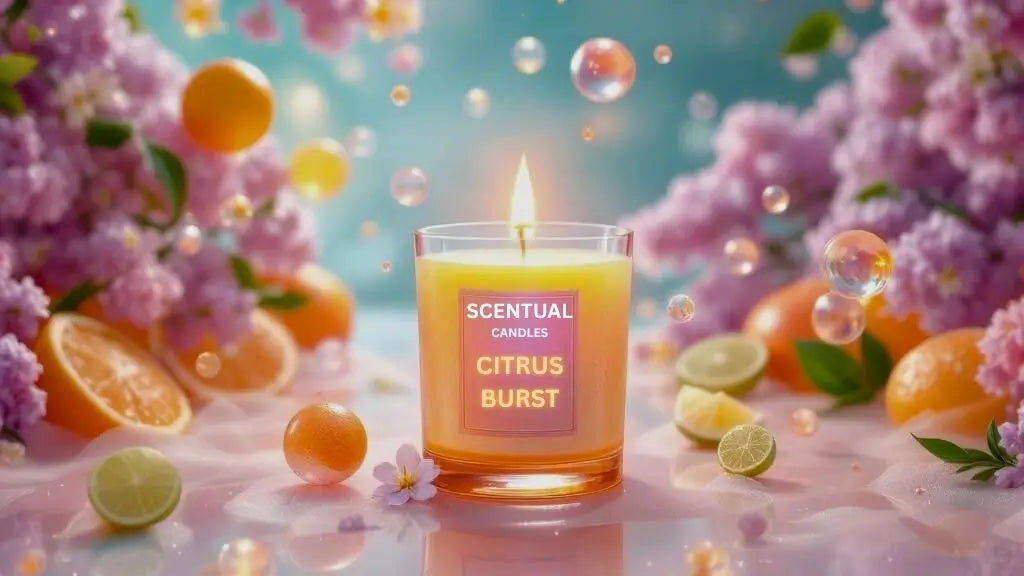 Scentual Citrus Burst candle surrounded by flowers and fruits on a colorful background