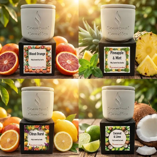 Citrus Candles Set. Collage of scented candles with fruit-themed packaging on a natural background