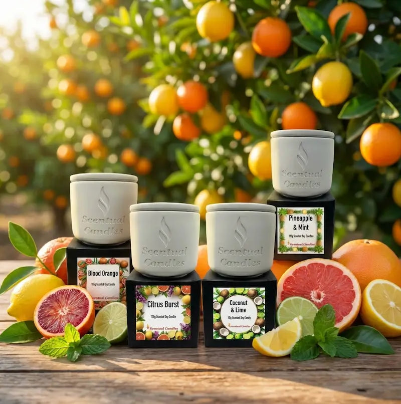 Citrus Candles Set. Collection of candles with fruit-themed labels in front of a citrus tree