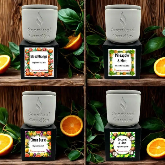 Citrus Candles Set of 4 with Blood Orange, Pineapple & Mint, Citrus Burst, and Coconut & Lime fragrances, hand-poured soy candles.