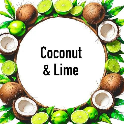 Coconut and Lime Candle imagery with tropical elements like coconuts and limes, reminiscent of island freshness and soy scent.