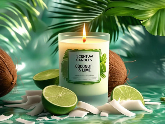 Scentual candles labeled 'Coconut & Lime' with coconuts and limes on a green background