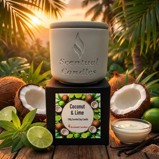 Scentual Candles coconut and lime candle with coconuts and limes in the background
