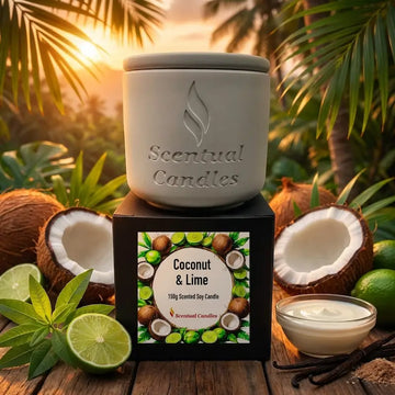 Scentual Candles coconut and lime candle with coconuts and limes in the background