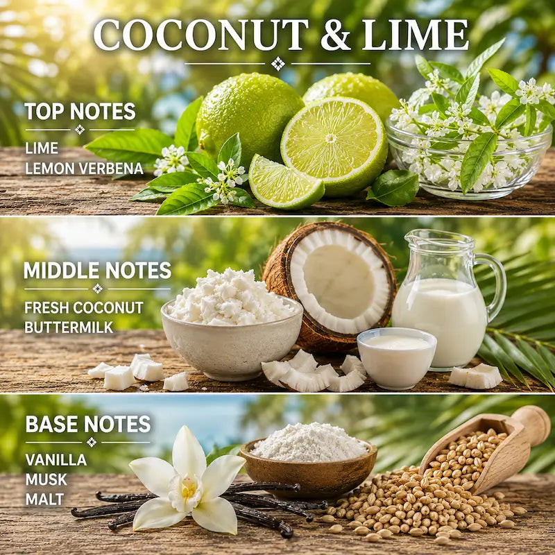 Coconut and Lime candle showing ingredients on sand with blurred greenery