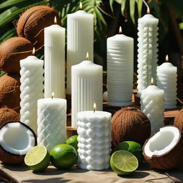White pillar candles with coconuts and limes on a wooden surface