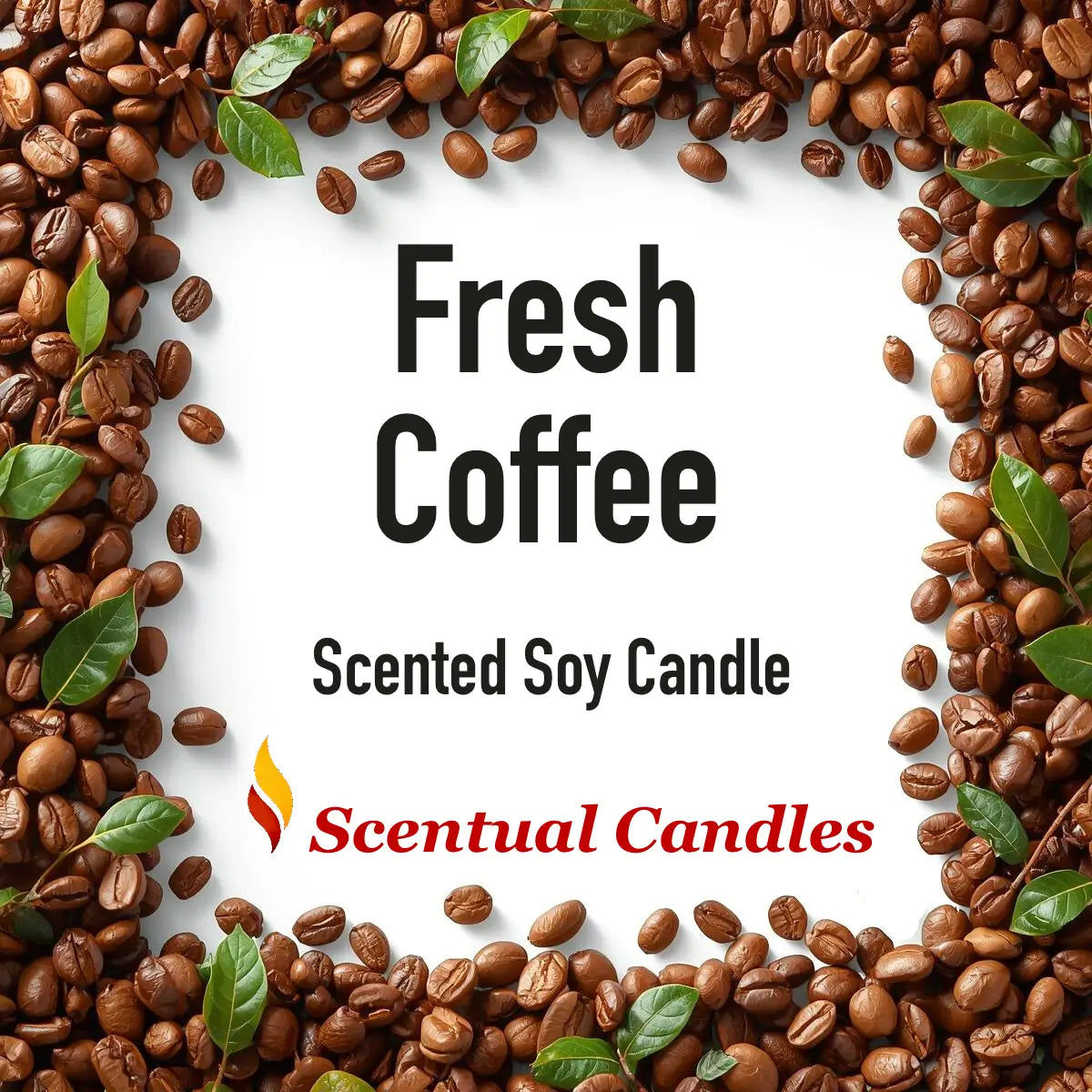Coffee Scented Candle with coffee beans and leaves enhancing a fresh, dark roast aroma by Scentual Candles.