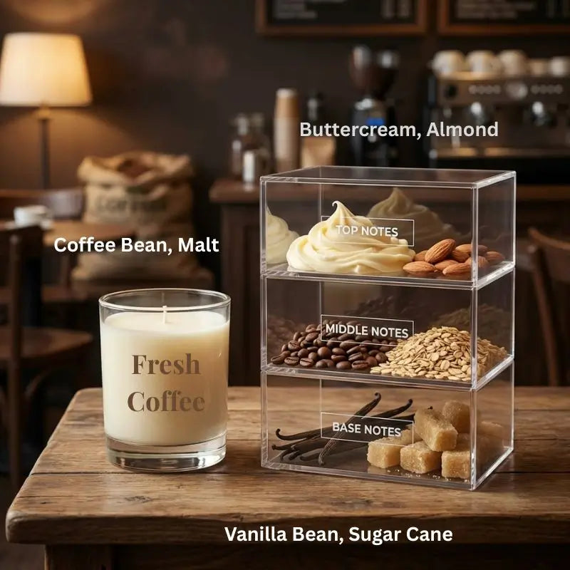 Coffee scented candle next to a display box with coffee-themed items on a wooden table.