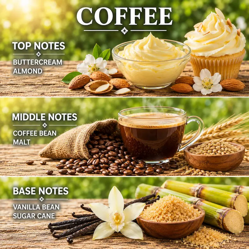 Coffee scented candle displaying coffee-themed items on a wooden table.