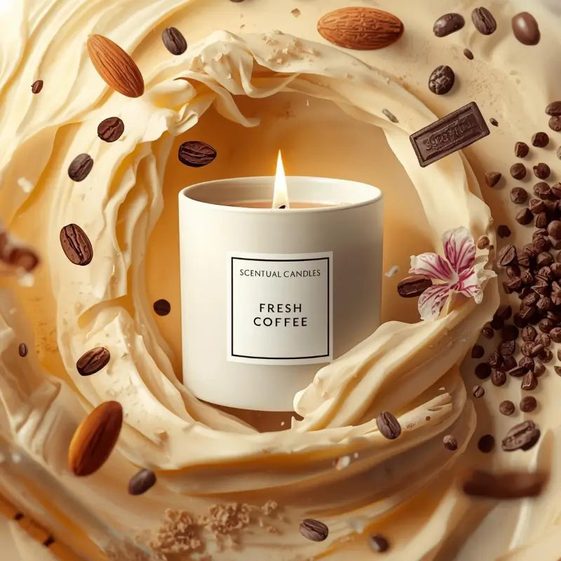 Coffee Scented Candle Dark Roast Blend surrounded by coffee beans and cream, highlighting its rich aroma and inviting warmth.