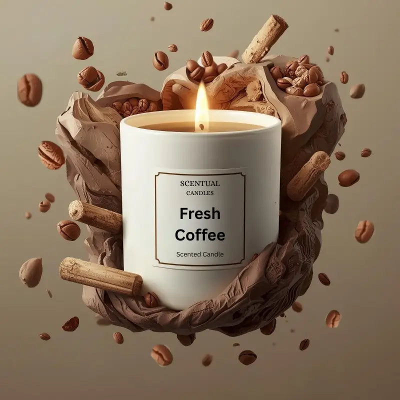 Coffee Scented Candle with dark roast blend aroma, surrounded by coffee beans and cinnamon sticks, creating a warm and inviting ambiance.