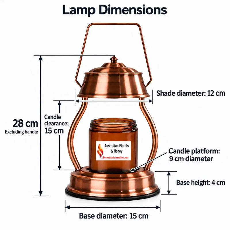 Candle Warmer with dimensions showing height 28 cm, shade diameter 12 cm, base diameter 15 cm, and vintage lantern design.