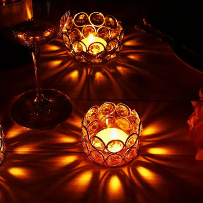 Crystal Tealight Candle Holder in the dark with lit candle