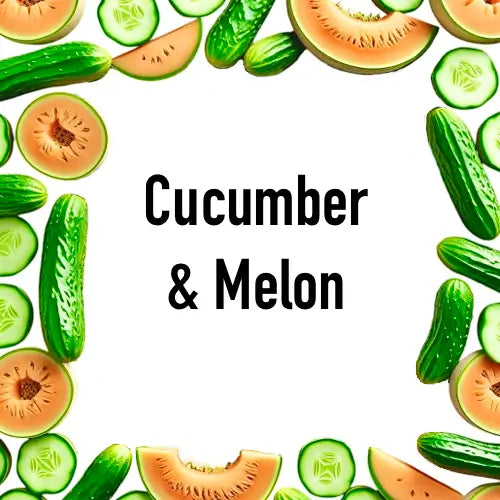 Framed arrangement of cucumber and melon slices on a white background with 'Cucumber & Melon' text.