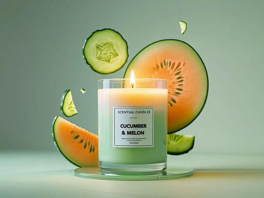 Candle labeled 'Cucumber & Melon' with slices of cucumber and melon around it on a light background