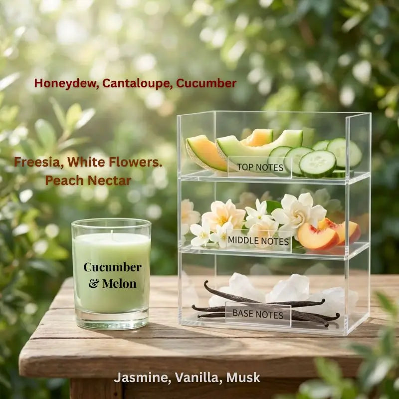 Cucumber and Melon scented soy candle with honeydew, cucumber, and floral notes in display.