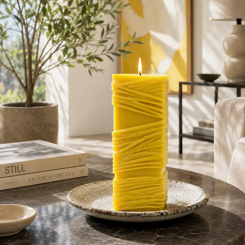 Custom Candle - Large Sculptural Design in yellow, hand-poured with a unique twist detail, on a stylish table.