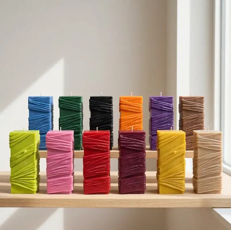 Custom Candle variety display featuring multiple colors and large sculptural designs on a wooden shelf.