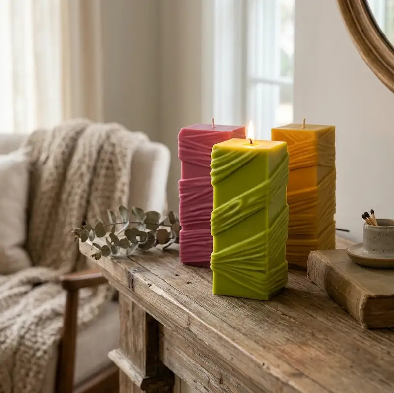 Custom Candle in vibrant colors, showcasing large sculptural designs on a rustic wooden table.
