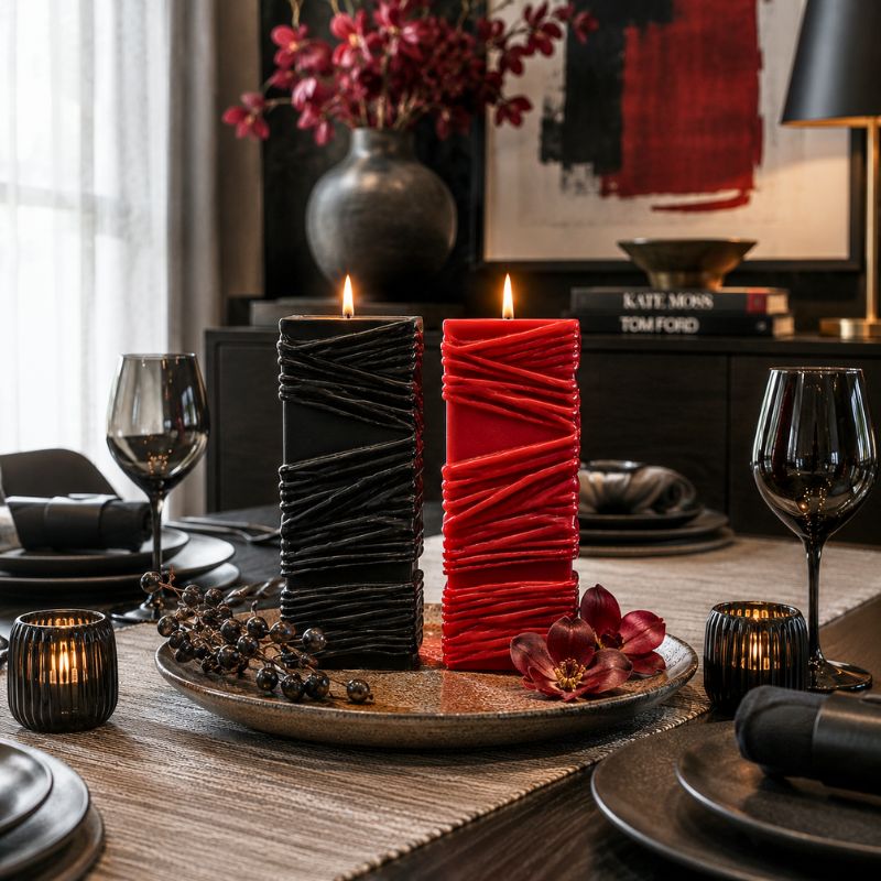 Custom Candle - Large Sculptural Design in black and red on an elegant dining table setting.