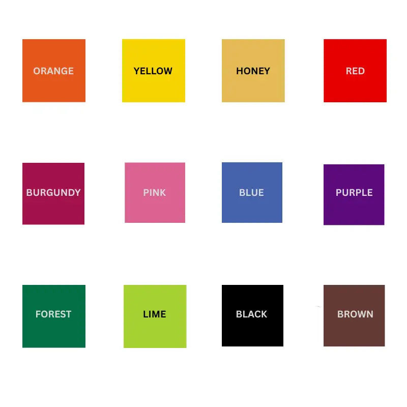 Color options for Extra Large Pillar Candle in orange, yellow, honey, red, burgundy, pink, blue, purple, forest, lime, black, brown.