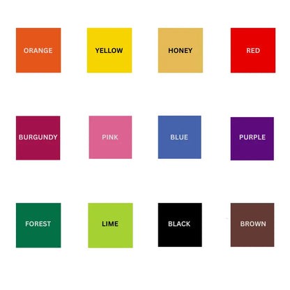 Color options for Extra Large Pillar Candle in orange, yellow, honey, red, burgundy, pink, blue, purple, forest, lime, black, brown.