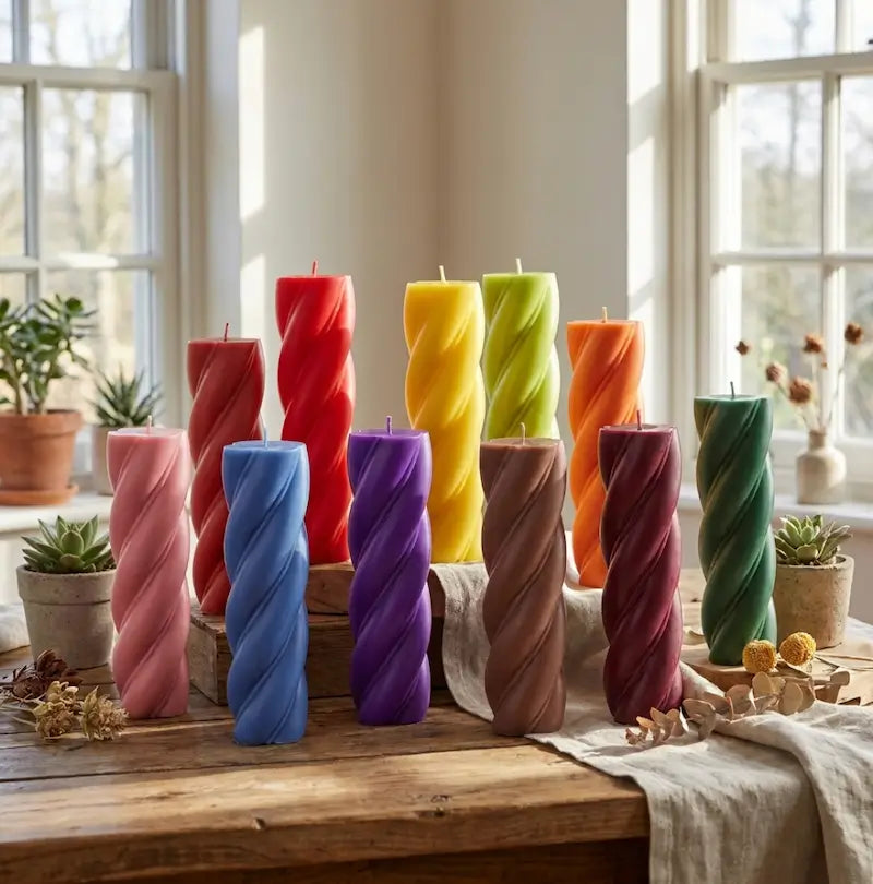 A vibrant display of Customisable Candles in various colors and sizes on a wooden table with plants in the background.