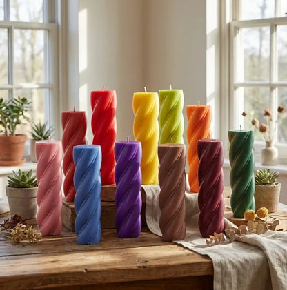 A vibrant display of Customisable Candles in various colors and sizes on a wooden table with plants in the background.