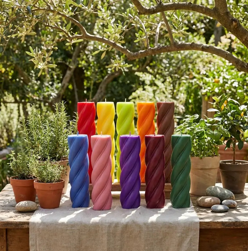 Customisable Candle in various colors displayed in a garden setting, showcasing the extra large column design.