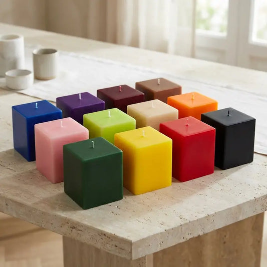 Customisable Candle Extra Large Pillar in assorted colors on a table, showcasing fragrance and color options.