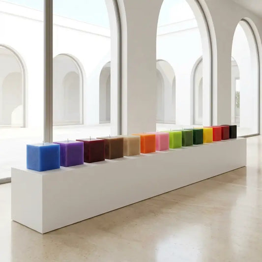 Display of colorful extra large pillar candles showcasing Customisable Candle options.