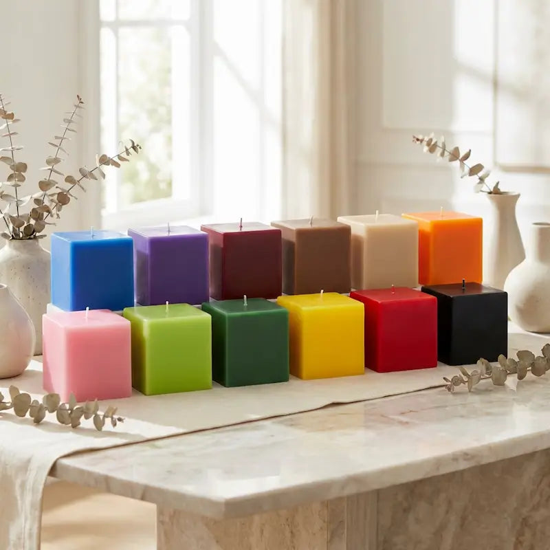 Colorful Customisable Candle – Extra Large Pillar collection on a table in a bright room.