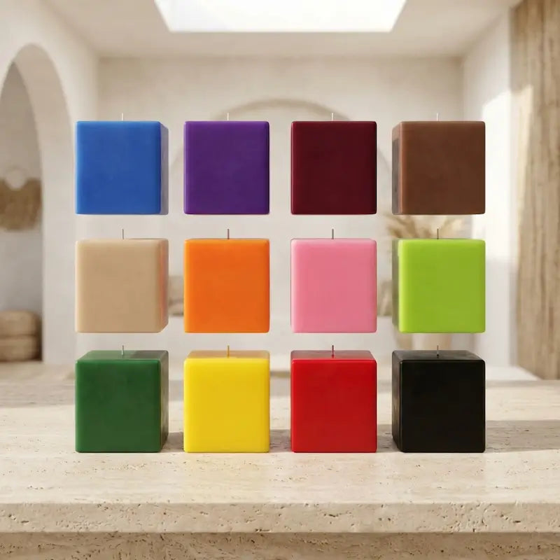 Assorted colors of Extra Large Customisable Candle pillars arranged on a rustic surface